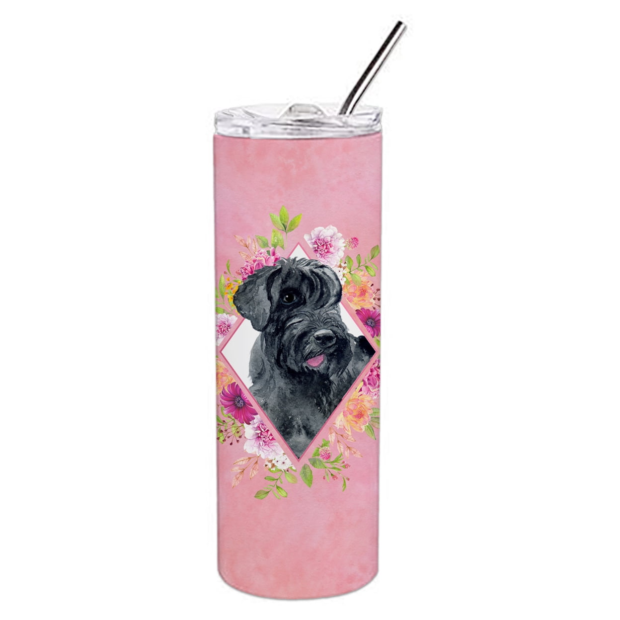 Picture of Carolines Treasures CK4178TBL20 20 oz Giant Schnauzer Pink Flowers Double Walled Stainless Steel Skinny Tumbler