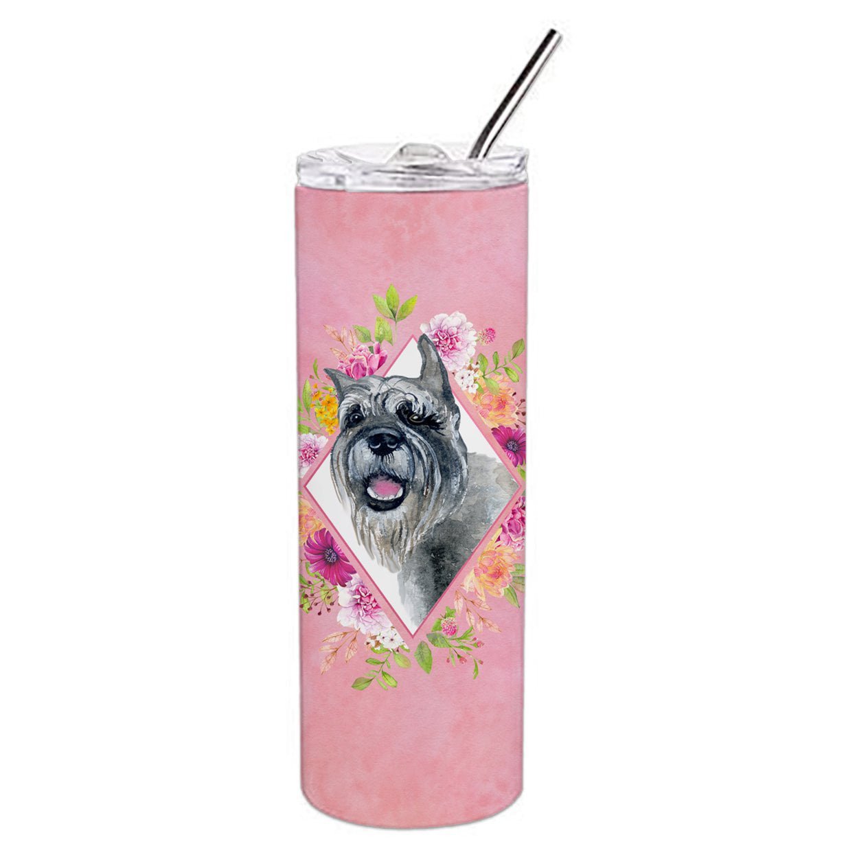Picture of Carolines Treasures CK4179TBL20 20 oz Schnauzer Pink Flowers Double Walled Stainless Steel Skinny Tumbler