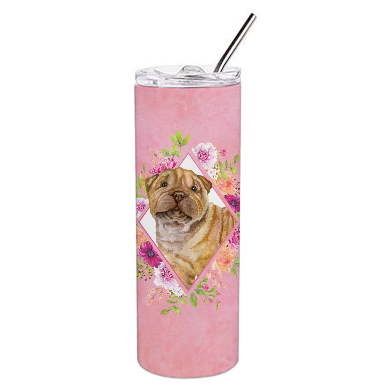 Picture of Carolines Treasures CK4181TBL20 20 oz Shar Pei Pink Flowers Double Walled Stainless Steel Skinny Tumbler