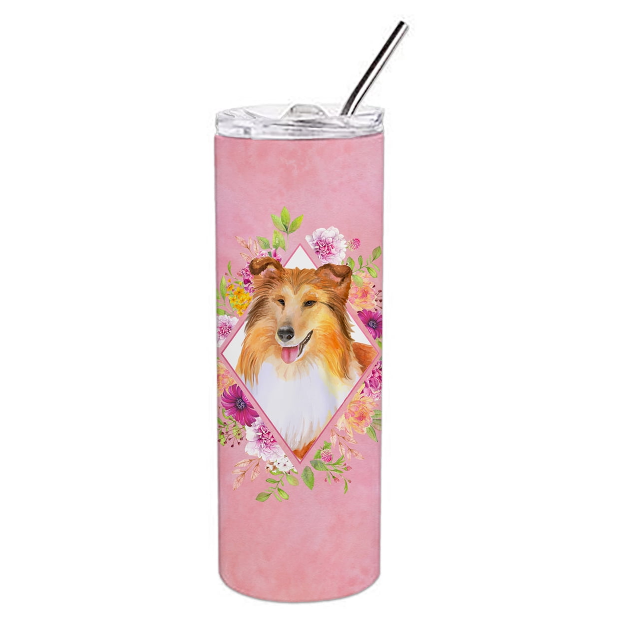 Picture of Carolines Treasures CK4182TBL20 20 oz Sheltie Shetland Sheepdog Pink Flowers Double Walled Stainless Steel Skinny Tumbler