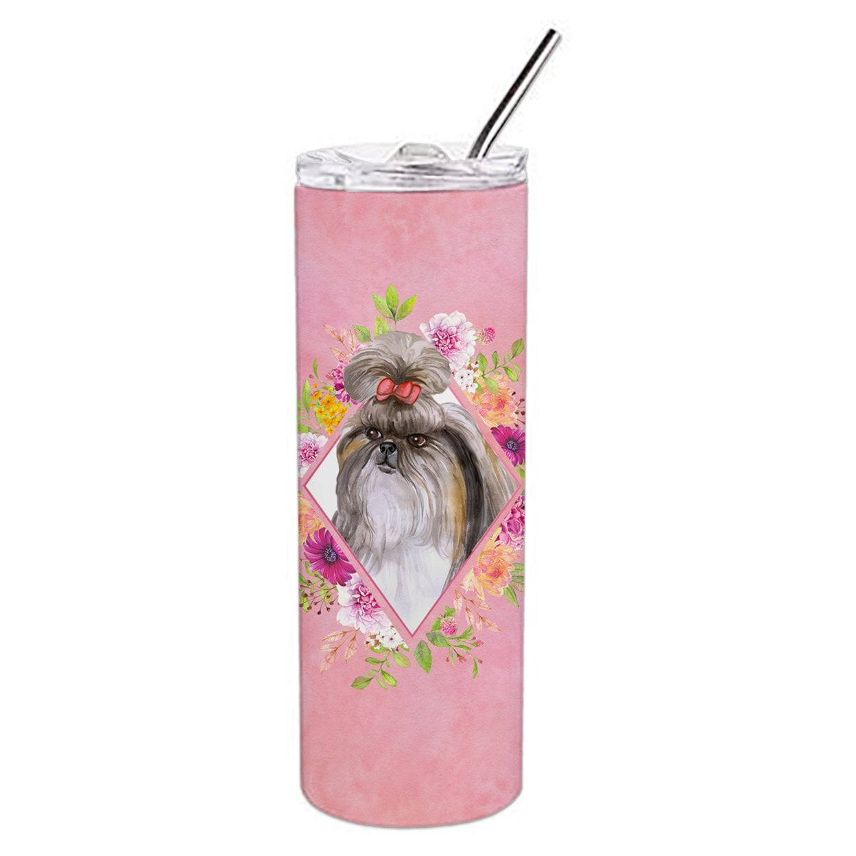 Picture of Carolines Treasures CK4184TBL20 20 oz Shih Tzu Pink Flowers Double Walled Stainless Steel Skinny Tumbler