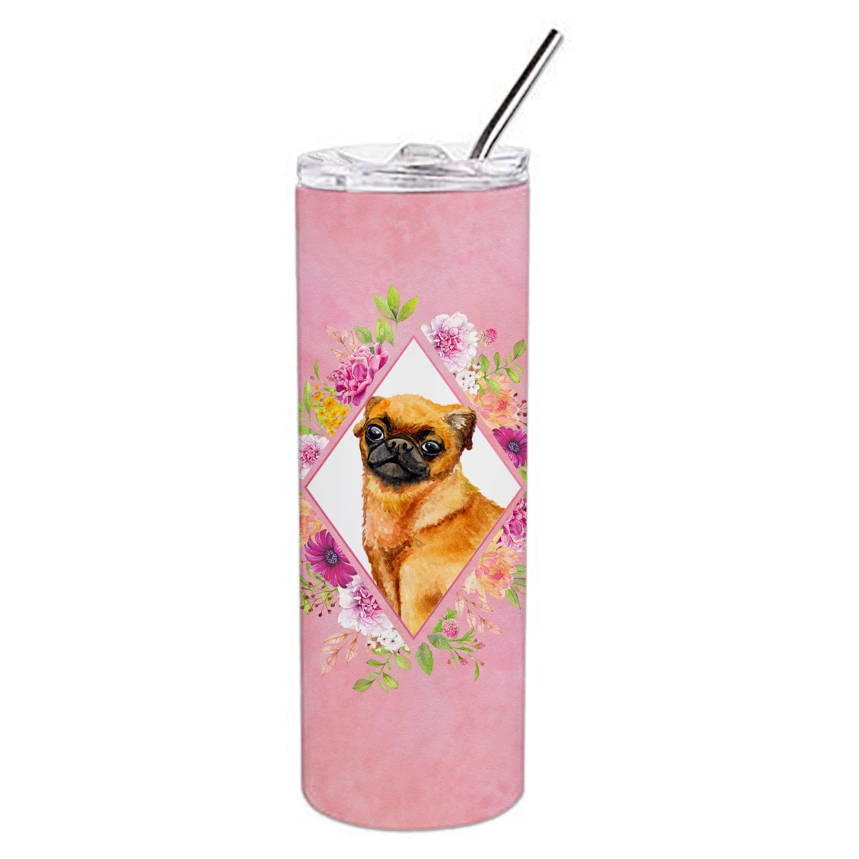 Picture of Carolines Treasures CK4185TBL20 20 oz Brabant Griffon Pink Flowers Double Walled Stainless Steel Skinny Tumbler