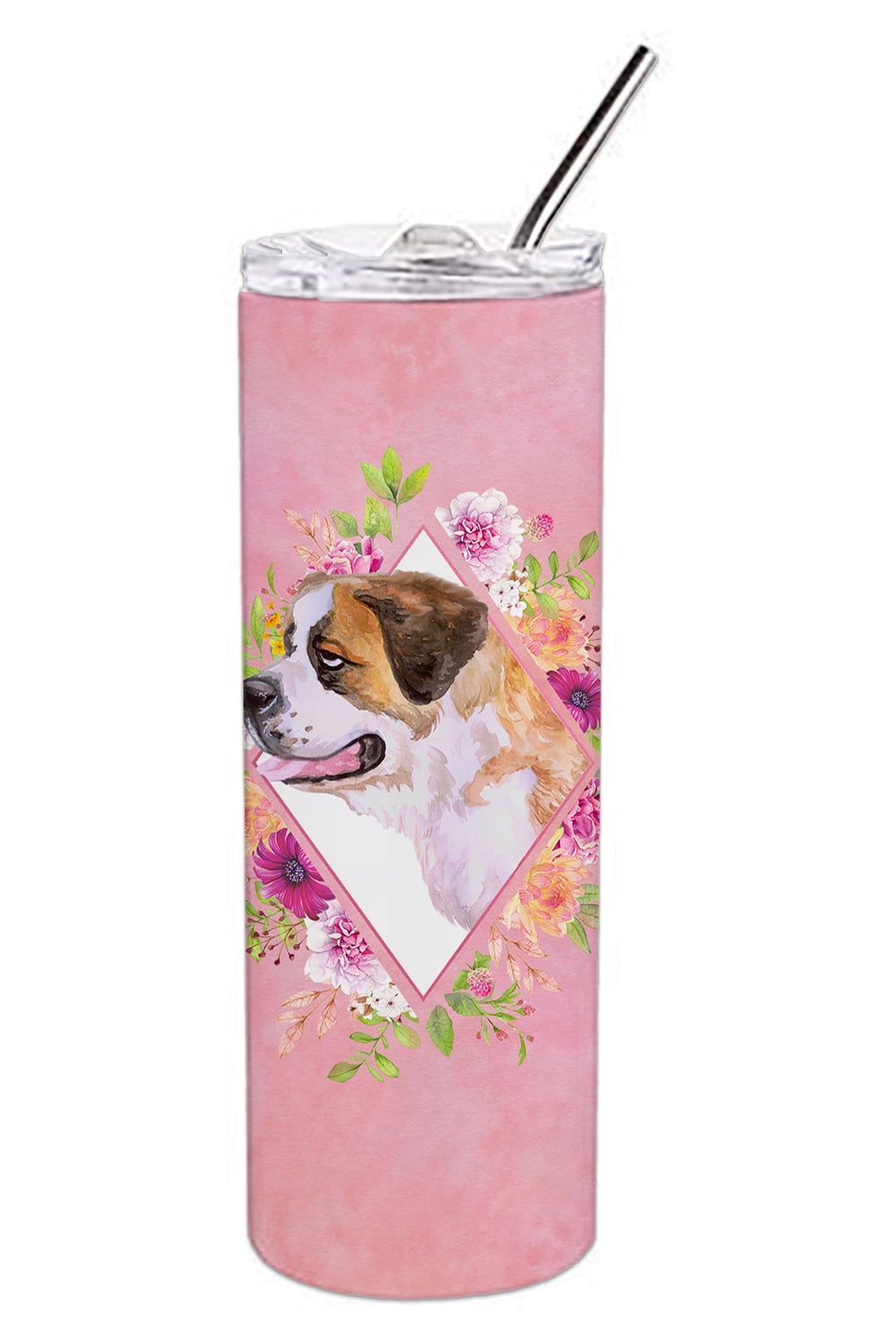 Picture of Carolines Treasures CK4186TBL20 20 oz Saint Bernard No.1 Pink Flowers Double Walled Stainless Steel Skinny Tumbler