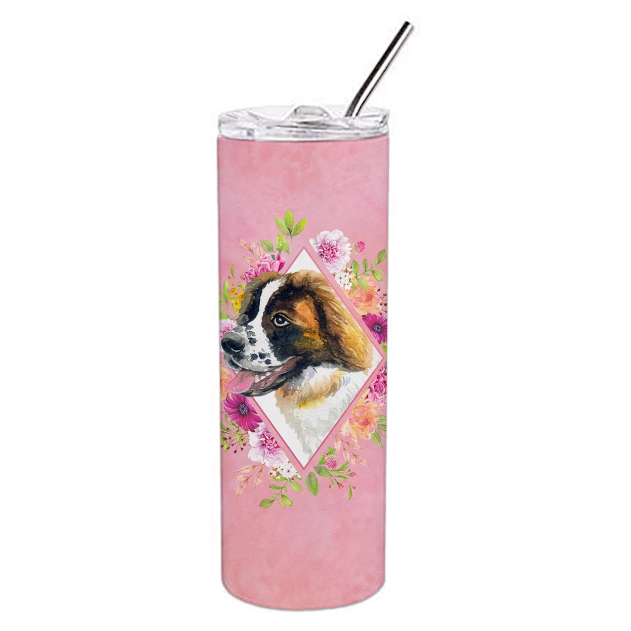 Picture of Carolines Treasures CK4187TBL20 20 oz Saint Bernard No.2 Pink Flowers Double Walled Stainless Steel Skinny Tumbler
