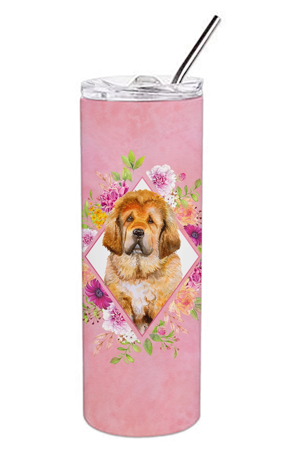 Picture of Carolines Treasures CK4189TBL20 20 oz Tibetian Mastiff Puppy Pink Flowers Double Walled Stainless Steel Skinny Tumbler