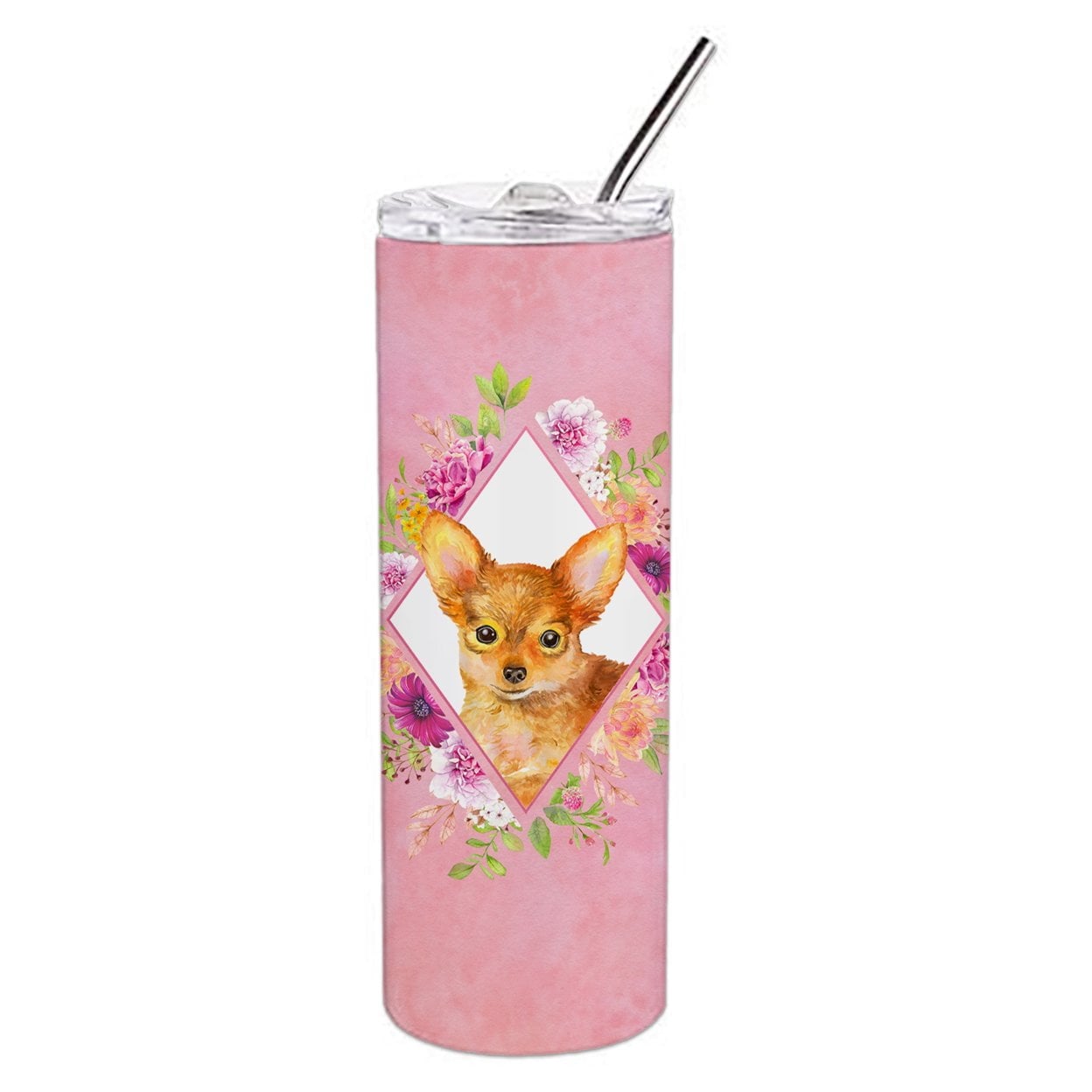 Picture of Carolines Treasures CK4190TBL20 20 oz Toy Terrier Pink Flowers Double Walled Stainless Steel Skinny Tumbler