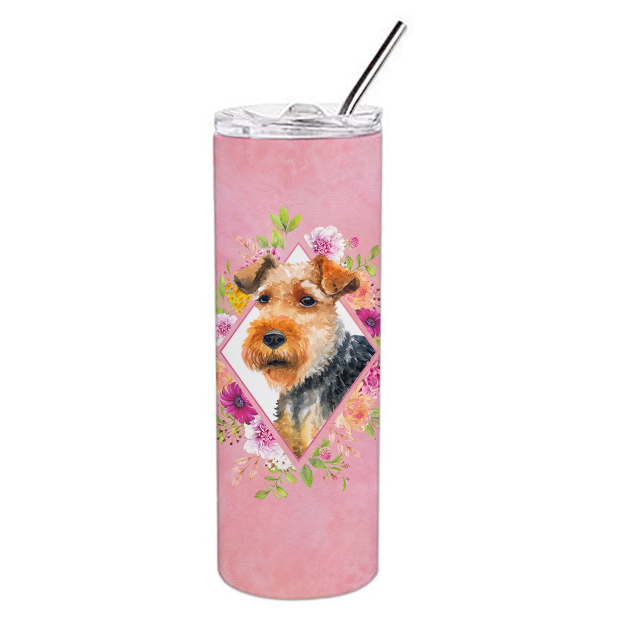 Picture of Carolines Treasures CK4192TBL20 20 oz Welsh Terrier Pink Flowers Double Walled Stainless Steel Skinny Tumbler