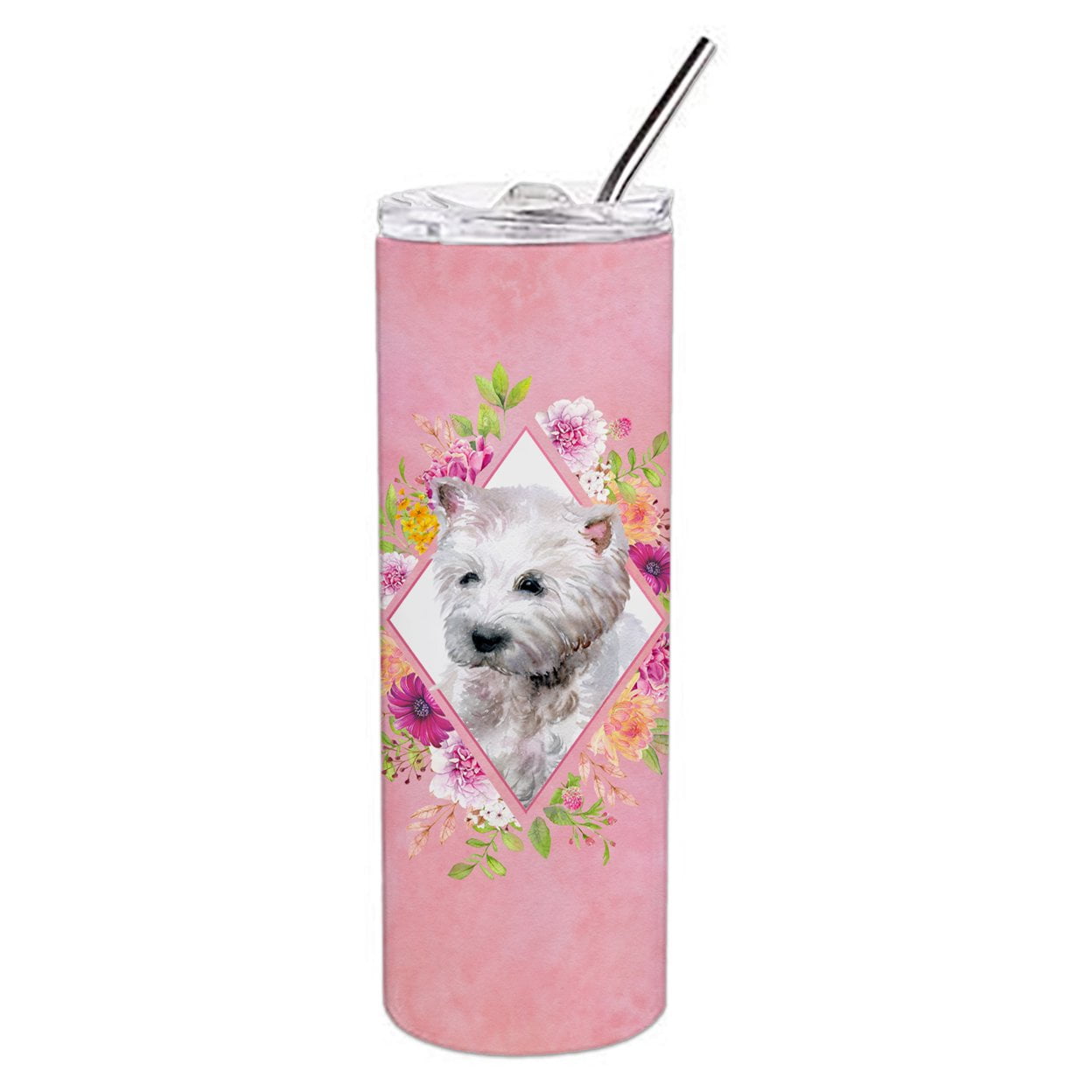 Picture of Carolines Treasures CK4193TBL20 20 oz West Highland White Terrier Pink Flowers Double Walled Stainless Steel Skinny Tumbler