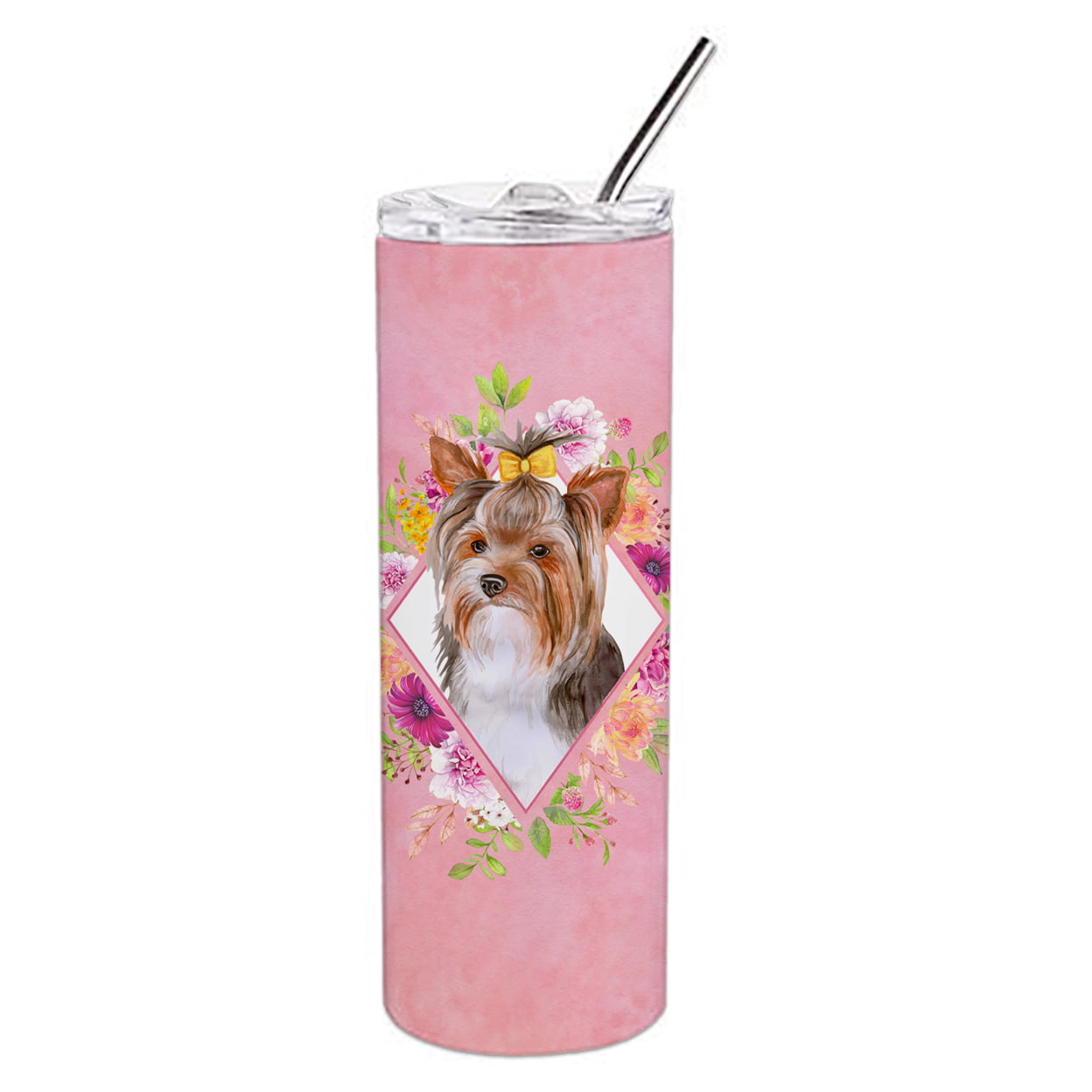 Picture of Carolines Treasures CK4194TBL20 20 oz Yorkshire Terrier No.1 Pink Flowers Double Walled Stainless Steel Skinny Tumbler