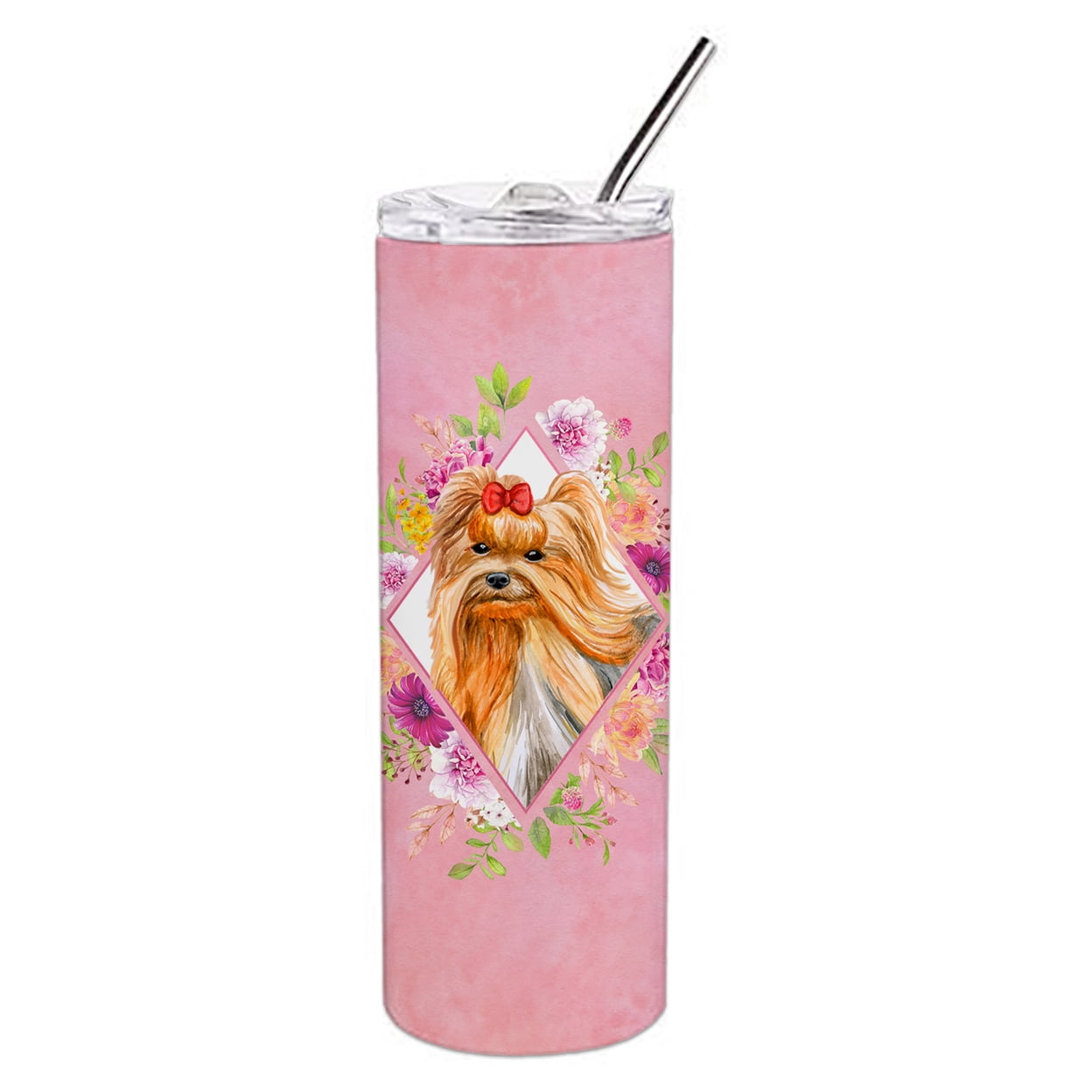 Picture of Carolines Treasures CK4195TBL20 20 oz Yorkshire Terrier No.2 Pink Flowers Double Walled Stainless Steel Skinny Tumbler