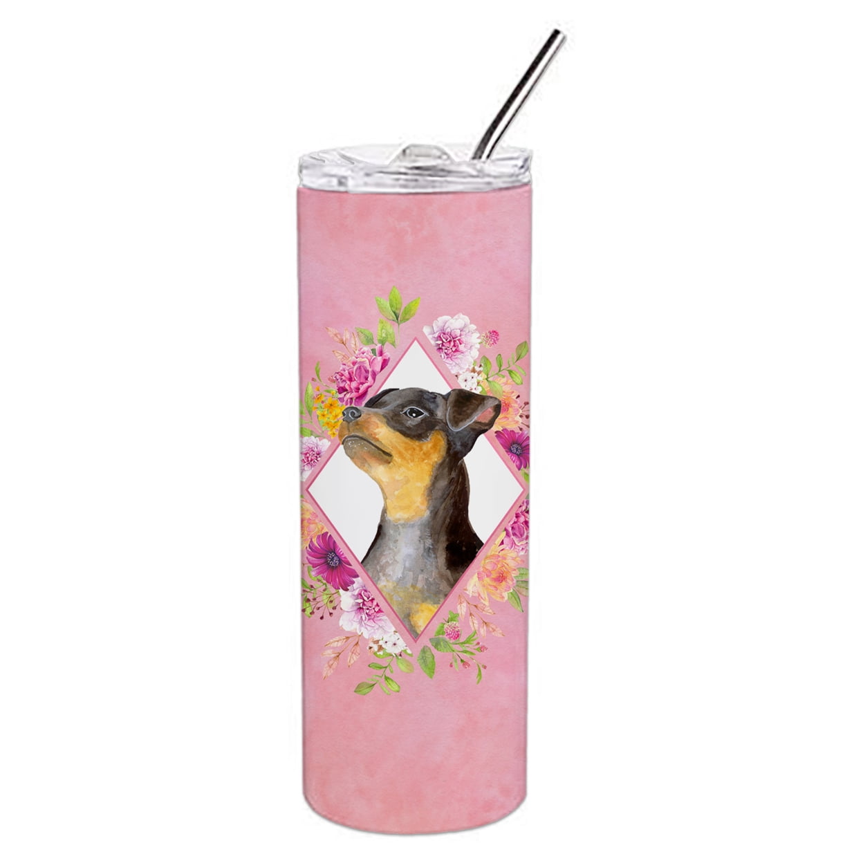 Picture of Carolines Treasures CK4196TBL20 20 oz Black Miniature Pinscher Pink Flowers Double Walled Stainless Steel Skinny Tumbler