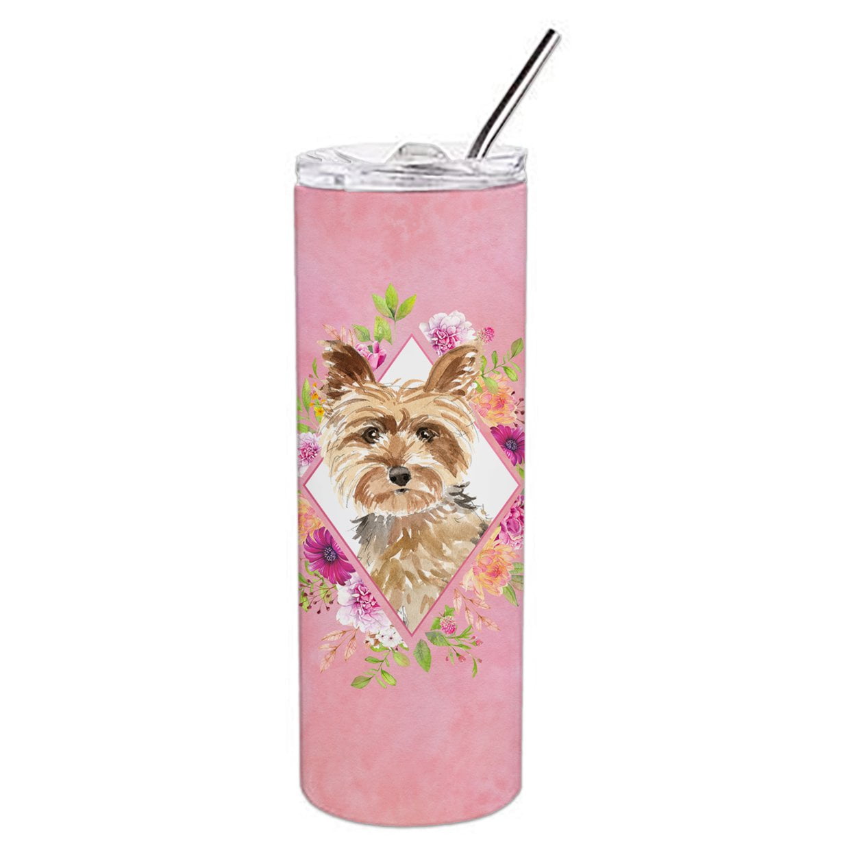 Picture of Carolines Treasures CK4197TBL20 20 oz Yorkie Pink Flowers Double Walled Stainless Steel Skinny Tumbler