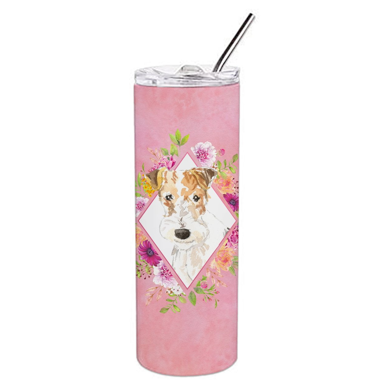Picture of Carolines Treasures CK4199TBL20 20 oz Fox Terrier Pink Flowers Double Walled Stainless Steel Skinny Tumbler