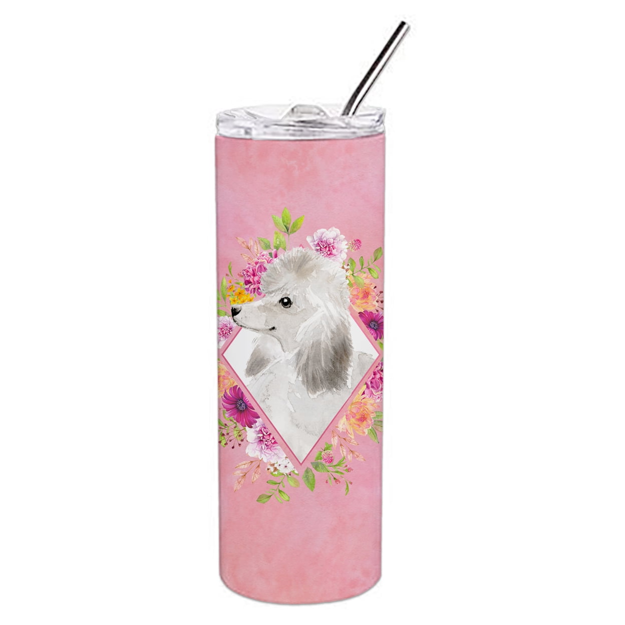 Picture of Carolines Treasures CK4200TBL20 20 oz White Standard Poodle Pink Flowers Double Walled Stainless Steel Skinny Tumbler