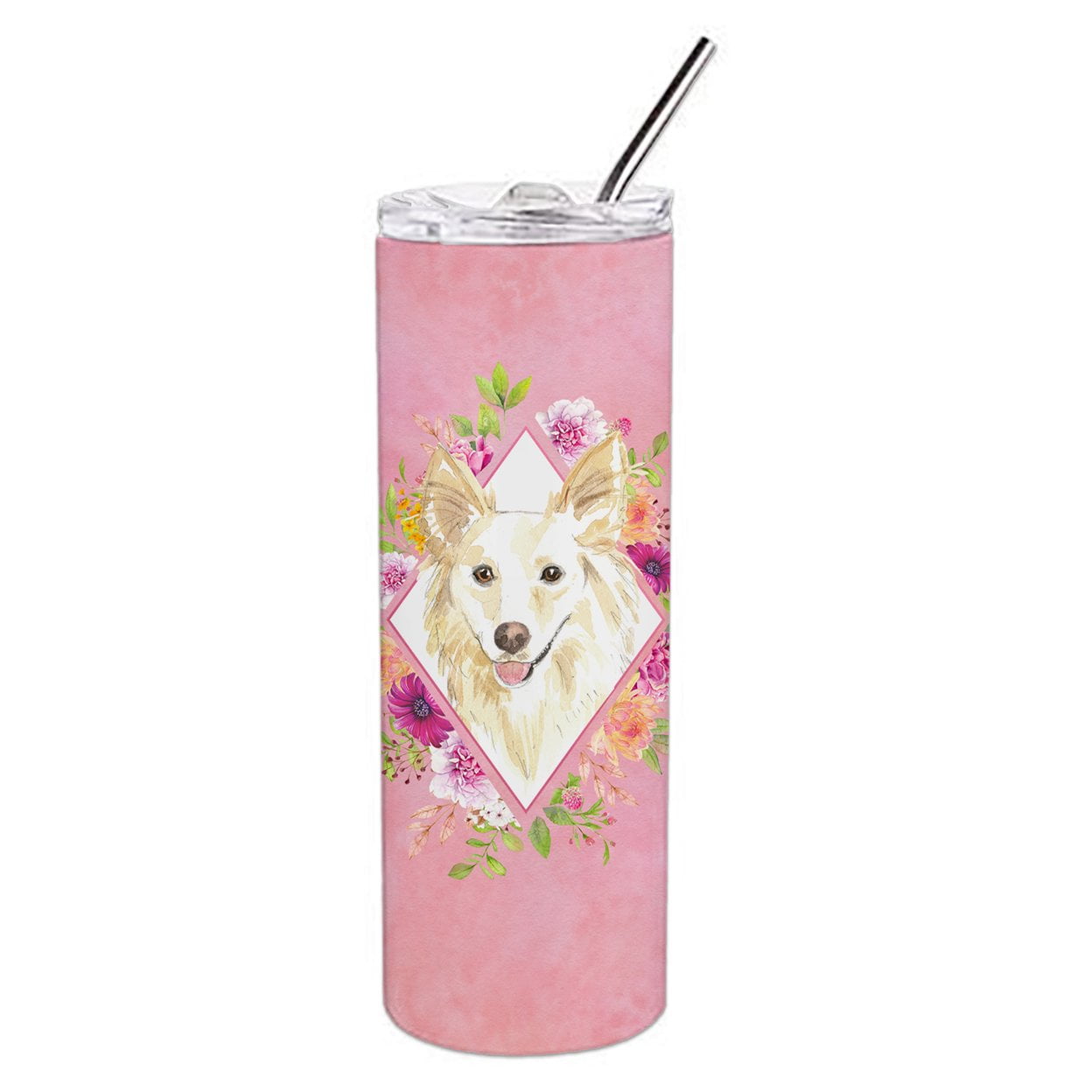 Picture of Carolines Treasures CK4201TBL20 20 oz White Collie Pink Flowers Double Walled Stainless Steel Skinny Tumbler