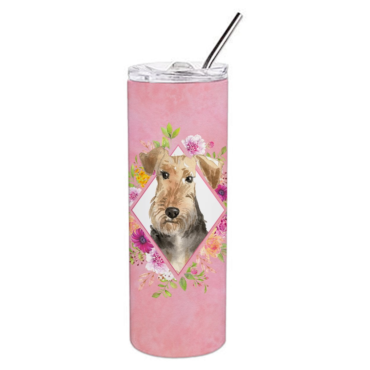 Picture of Carolines Treasures CK4204TBL20 20 oz Airedale Terrier Pink Flowers Double Walled Stainless Steel Skinny Tumbler