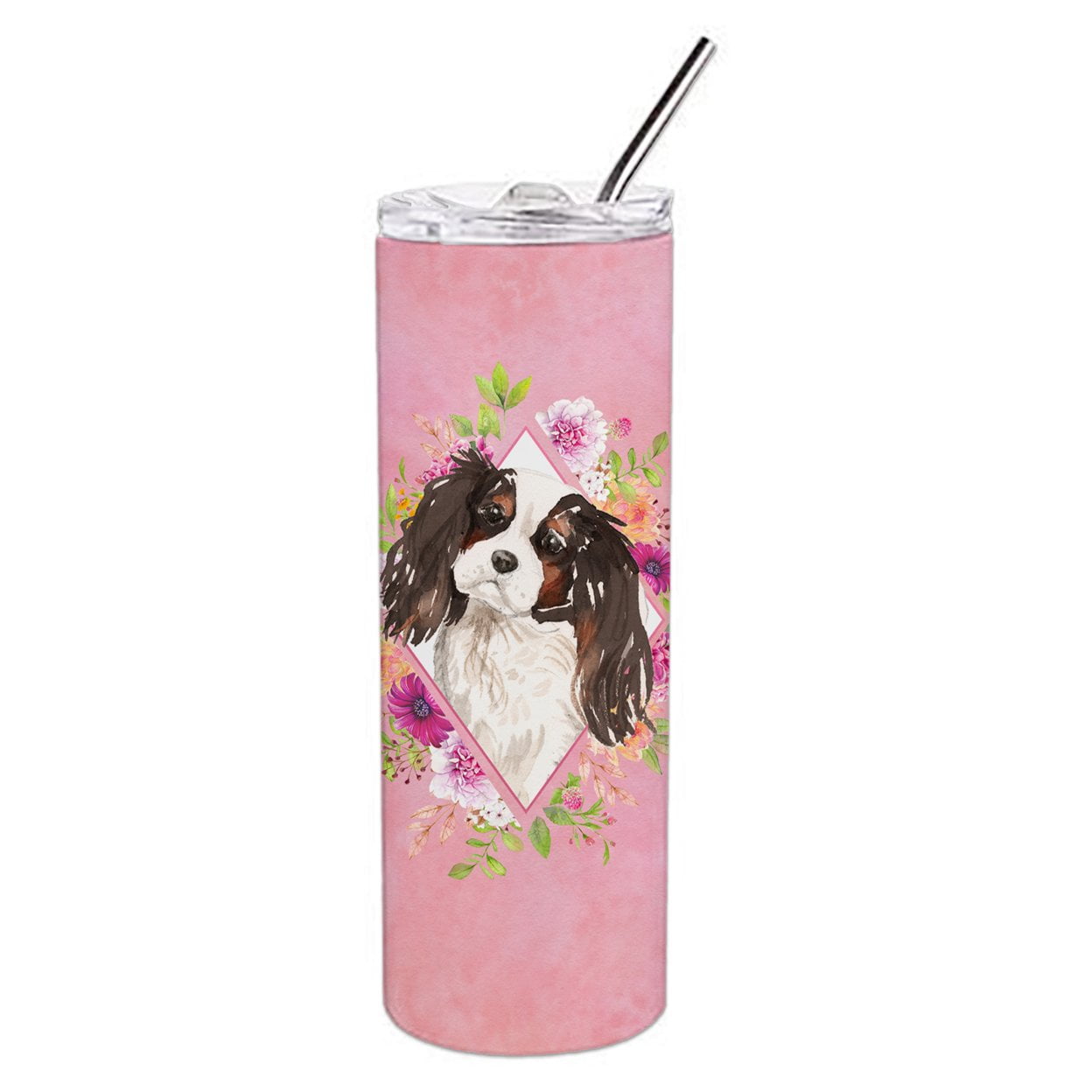 Picture of Carolines Treasures CK4206TBL20 20 oz Tricolor Cavalier Spaniel Pink Flowers Double Walled Stainless Steel Skinny Tumbler
