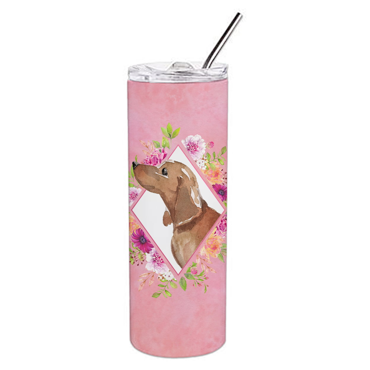 Picture of Carolines Treasures CK4207TBL20 20 oz Dachshund Pink Flowers Double Walled Stainless Steel Skinny Tumbler