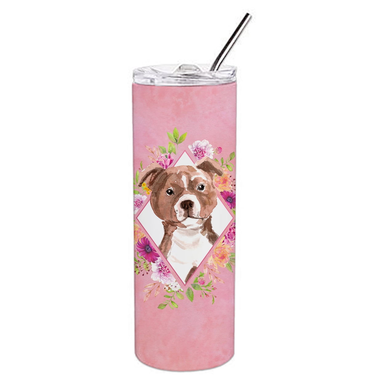 Picture of Carolines Treasures CK4208TBL20 20 oz Staffie Bull Terrier Pink Flowers Double Walled Stainless Steel Skinny Tumbler