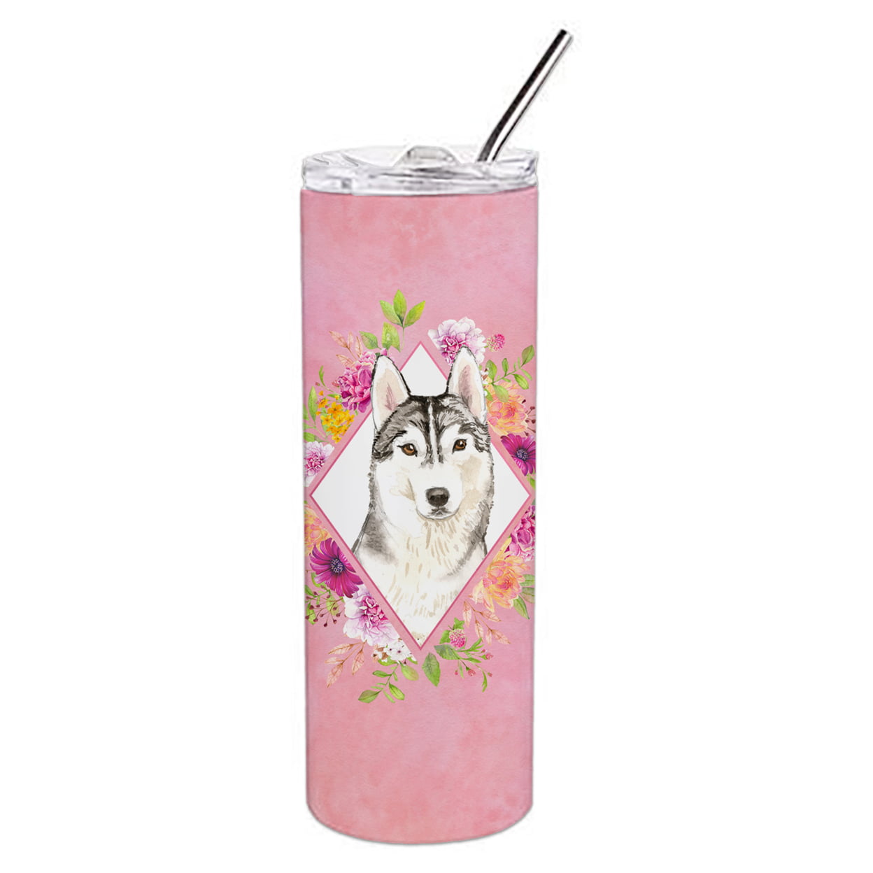 Picture of Carolines Treasures CK4210TBL20 20 oz Siberian Husky Pink Flowers Double Walled Stainless Steel Skinny Tumbler