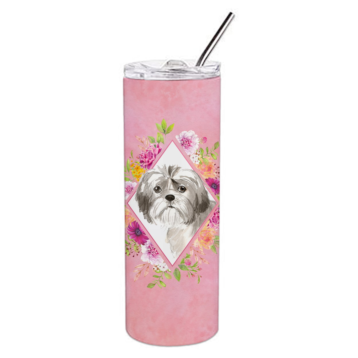 Picture of Carolines Treasures CK4211TBL20 20 oz Shih Tzu Puppy Pink Flowers Double Walled Stainless Steel Skinny Tumbler