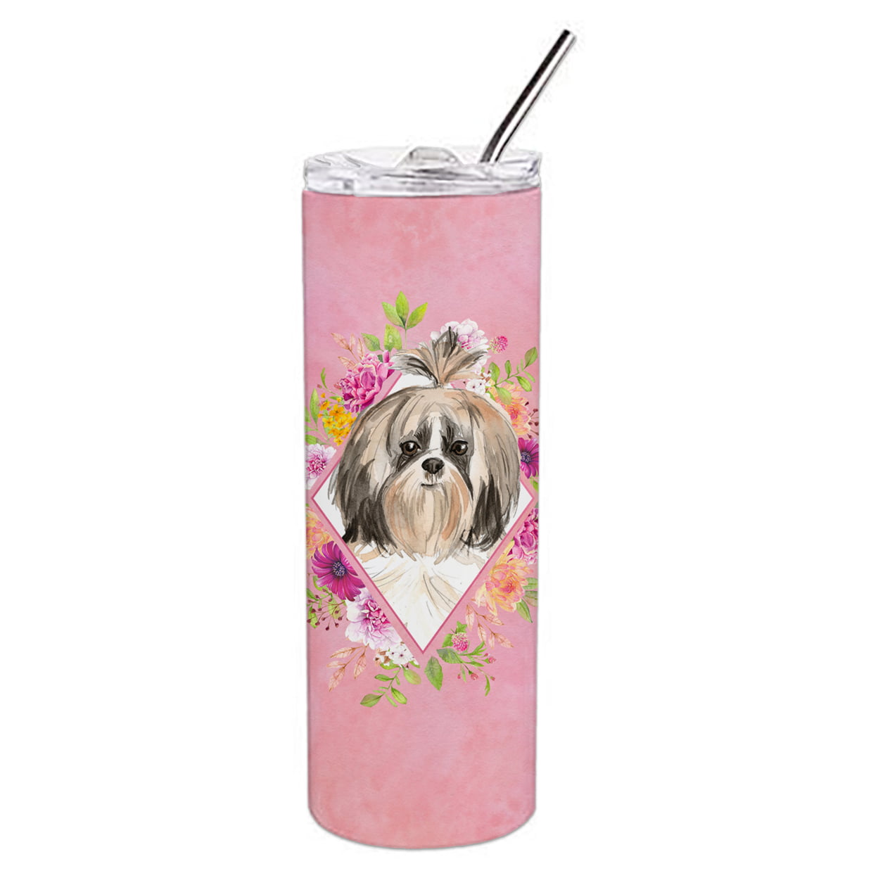 Picture of Carolines Treasures CK4212TBL20 20 oz Shih Tzu Pink Flowers Double Walled Stainless Steel Skinny Tumbler