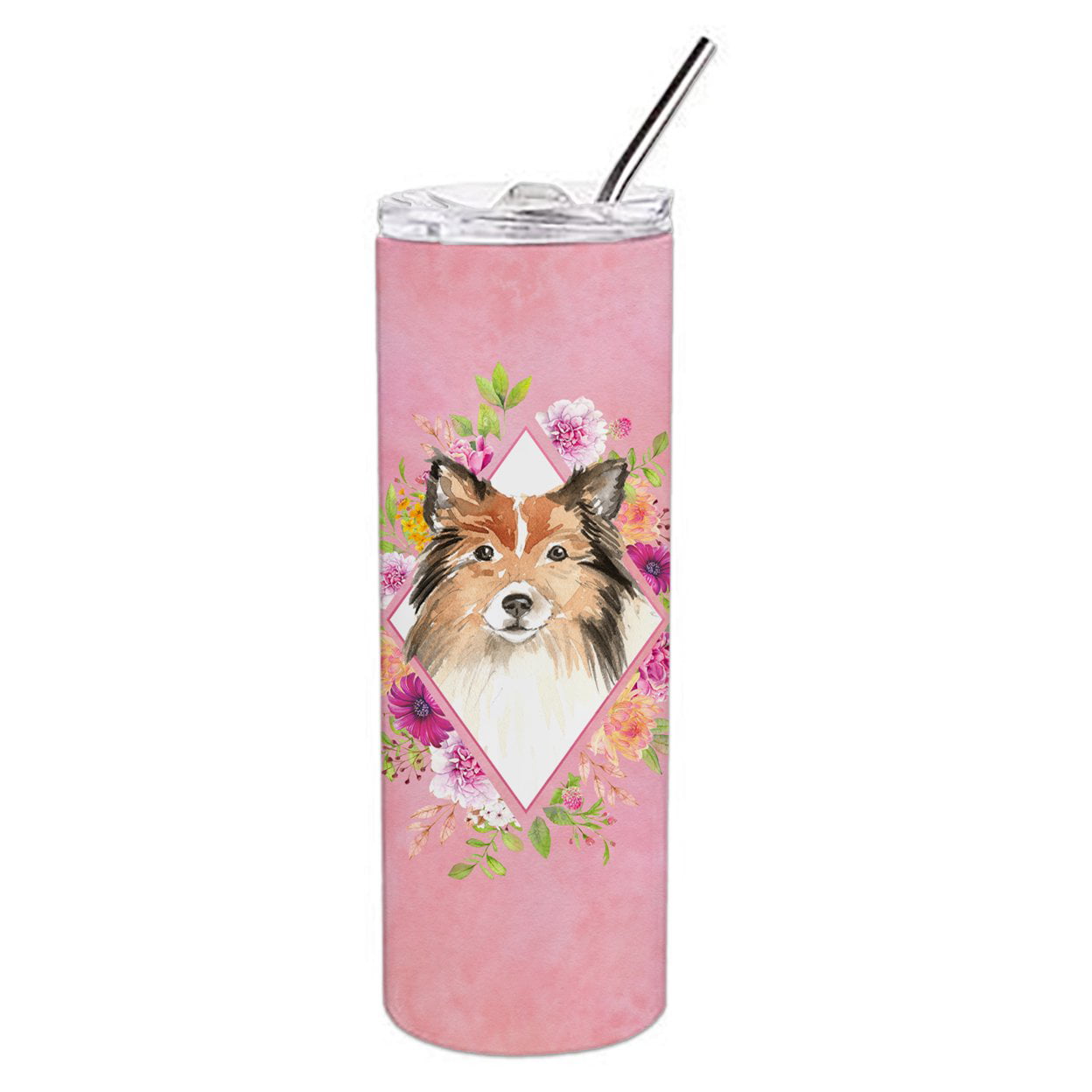 Picture of Carolines Treasures CK4213TBL20 20 oz Sheltie Pink Flowers Double Walled Stainless Steel Skinny Tumbler