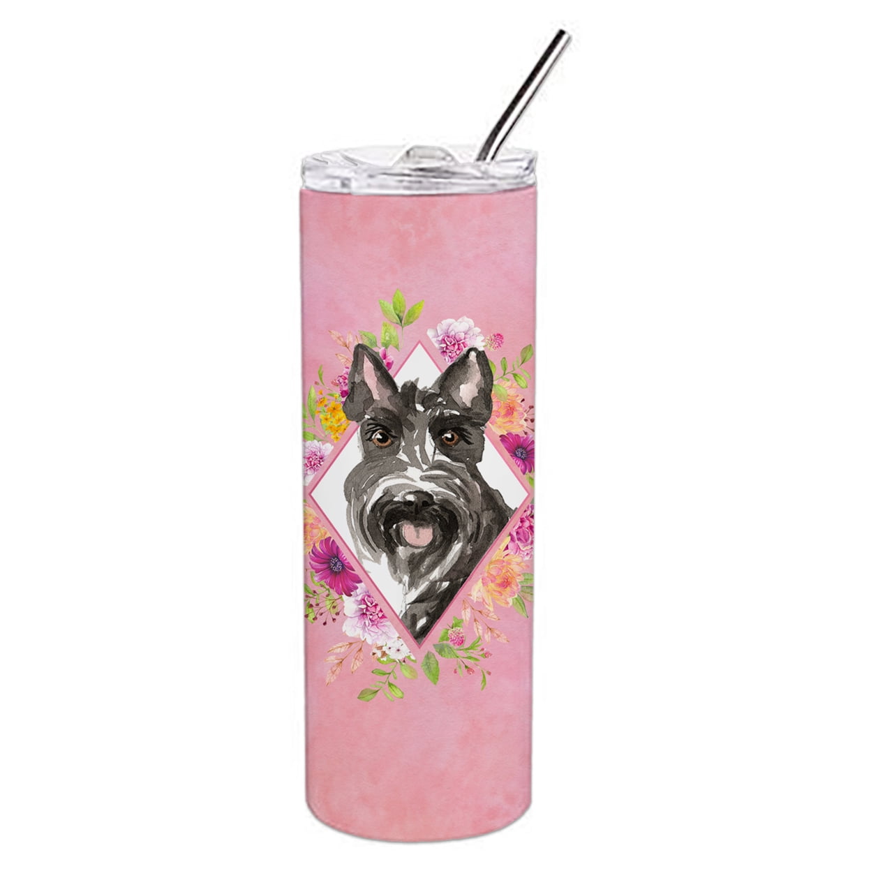 Picture of Carolines Treasures CK4214TBL20 20 oz Scottish Terrier Pink Flowers Double Walled Stainless Steel Skinny Tumbler