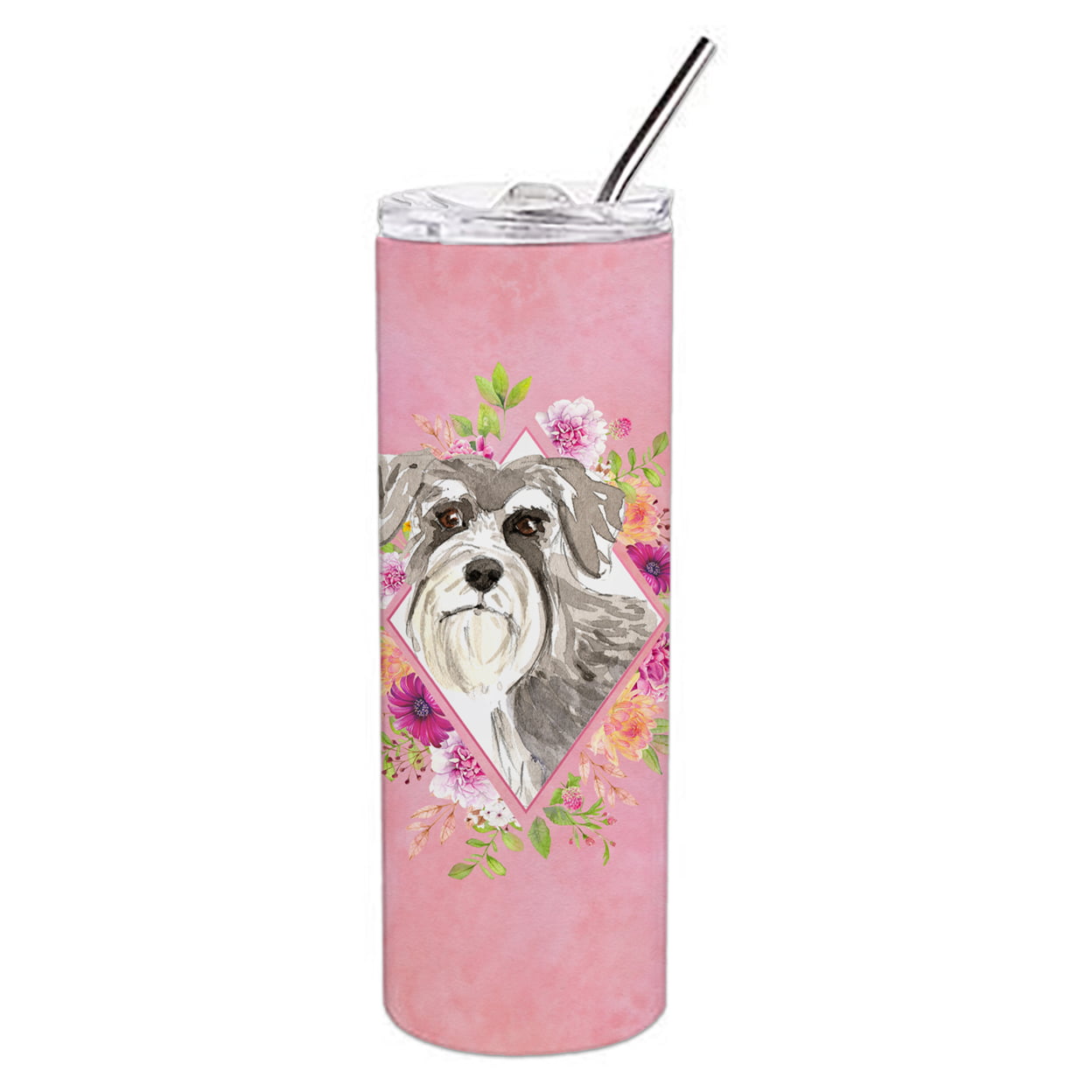 Picture of Carolines Treasures CK4215TBL20 20 oz Schnauzer No.1 Pink Flowers Double Walled Stainless Steel Skinny Tumbler