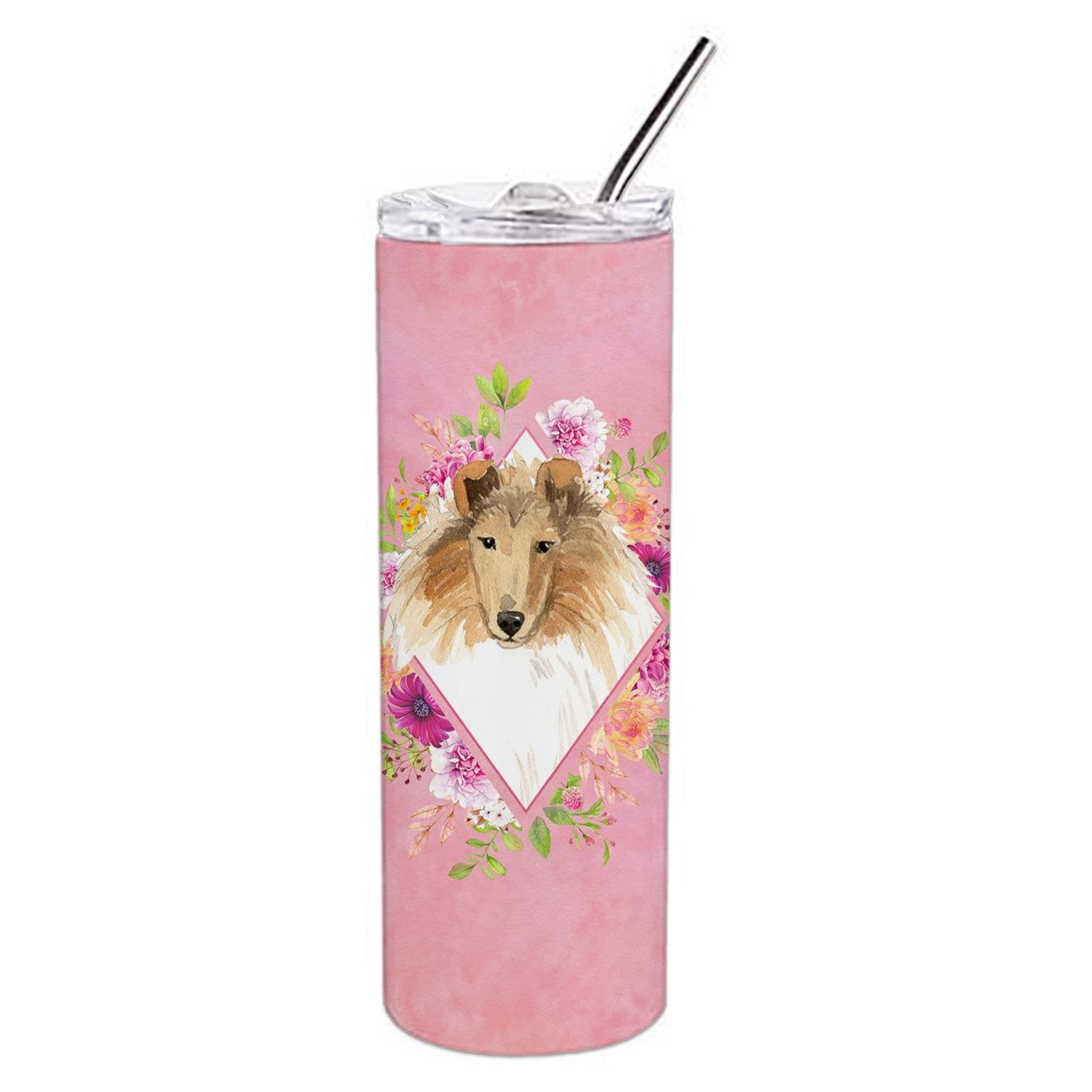 Picture of Carolines Treasures CK4216TBL20 20 oz Collie Pink Flowers Double Walled Stainless Steel Skinny Tumbler