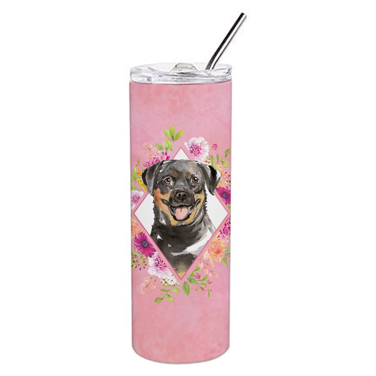 Picture of Carolines Treasures CK4217TBL20 20 oz Rottweiler Pink Flowers Double Walled Stainless Steel Skinny Tumbler