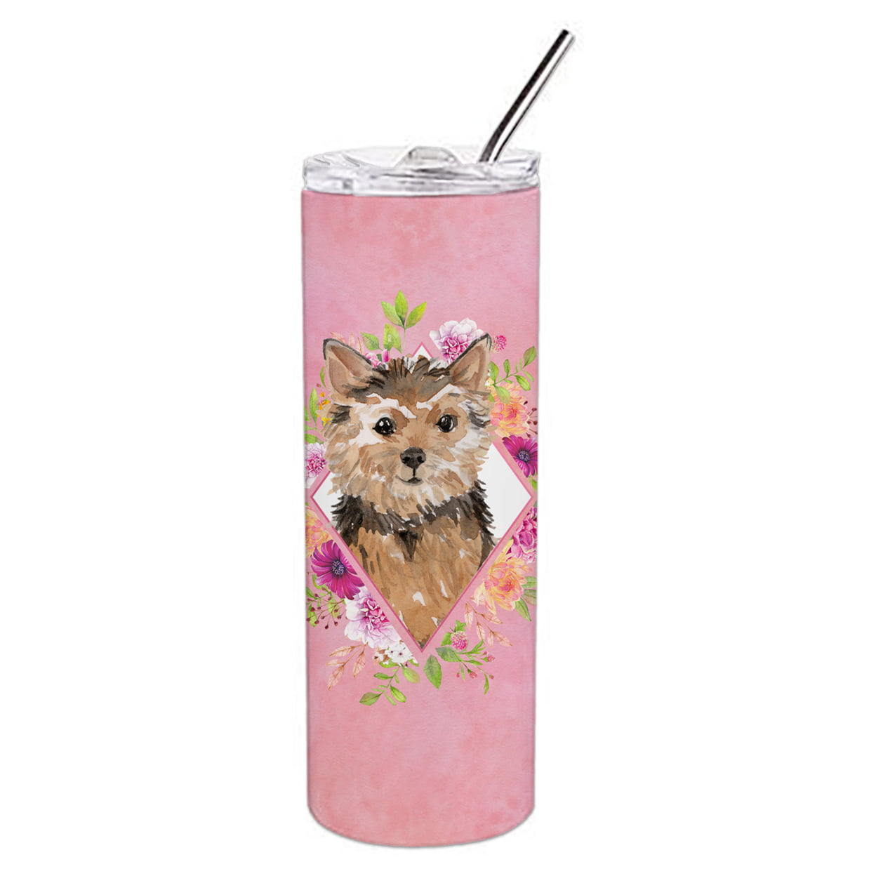 Picture of Carolines Treasures CK4220TBL20 20 oz Norwich Terrier Pink Flowers Double Walled Stainless Steel Skinny Tumbler