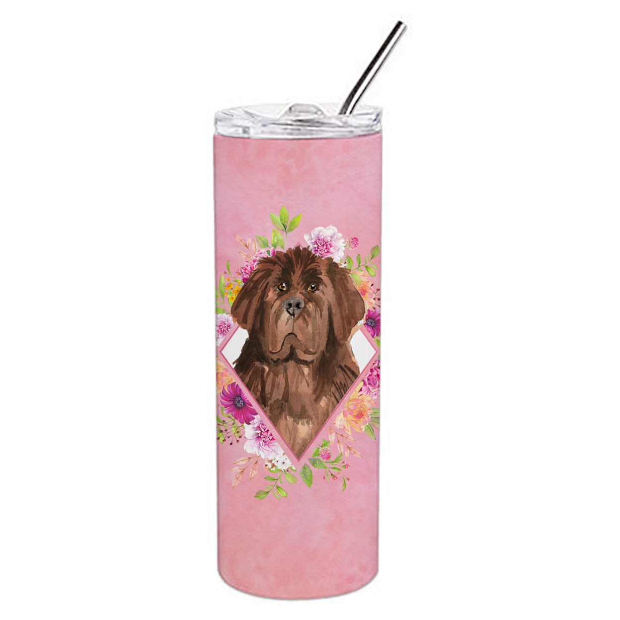 Picture of Carolines Treasures CK4221TBL20 20 oz Newfoundland Pink Flowers Double Walled Stainless Steel Skinny Tumbler