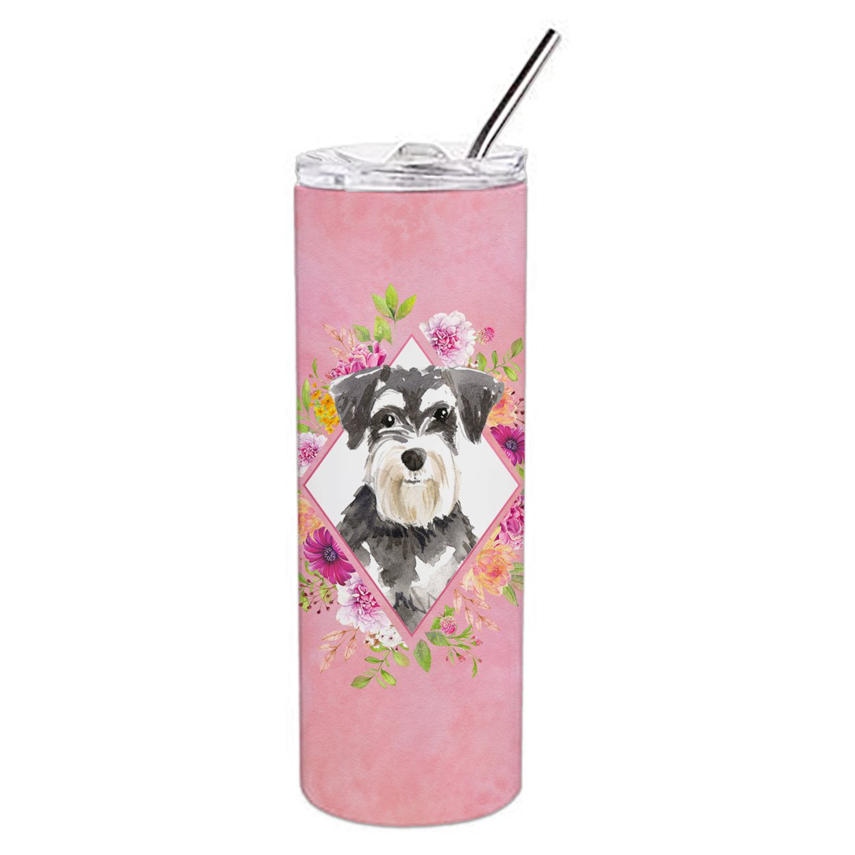 Picture of Carolines Treasures CK4222TBL20 20 oz Schnauzer No.2 Pink Flowers Double Walled Stainless Steel Skinny Tumbler