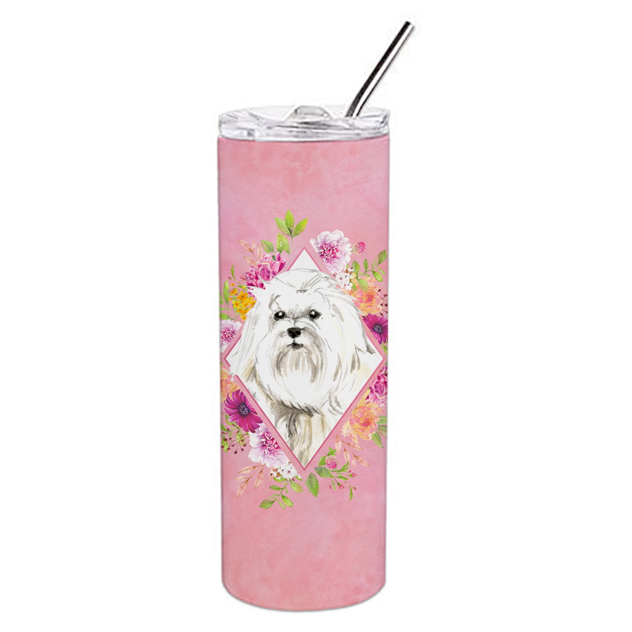 Picture of Carolines Treasures CK4223TBL20 20 oz Maltese Pink Flowers Double Walled Stainless Steel Skinny Tumbler