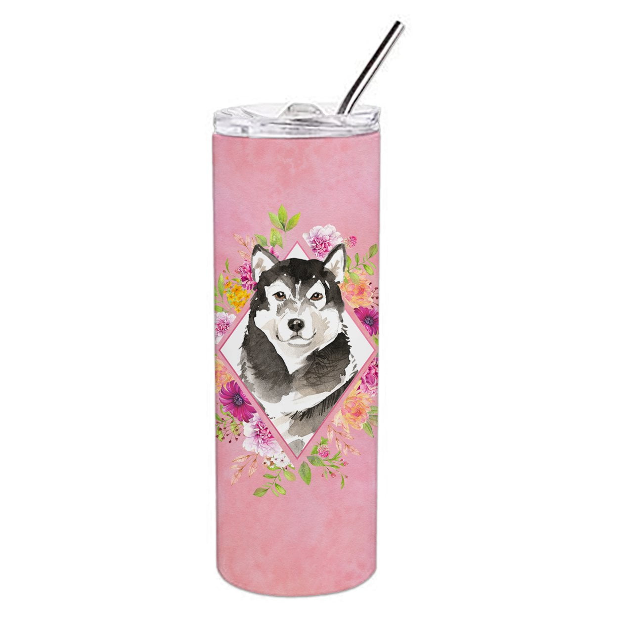 Picture of Carolines Treasures CK4224TBL20 20 oz Alaskan Malamute Pink Flowers Double Walled Stainless Steel Skinny Tumbler