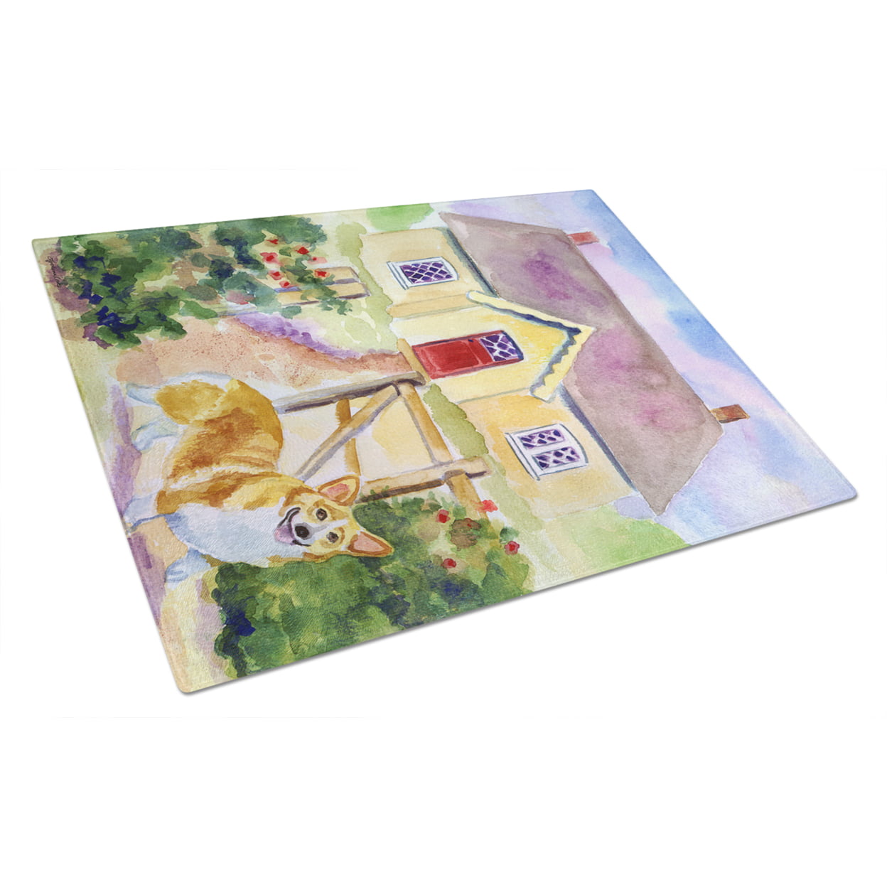 Picture of Carolines Treasures 7367LCB Pembroke Corgi Cottage Visit Glass Cutting Board - Large