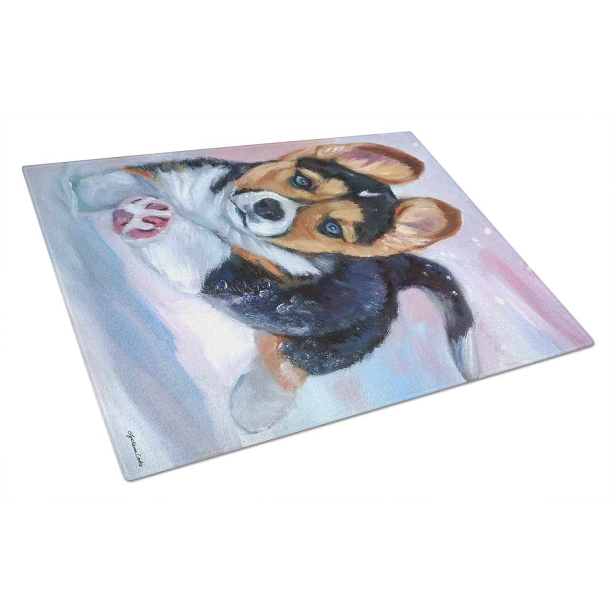 Picture of Carolines Treasures 7371LCB Puppy Chase Corgi Glass Cutting Board - Large