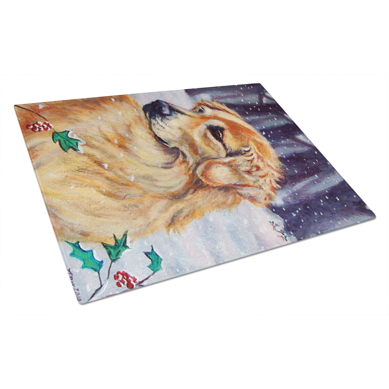 Picture of Carolines Treasures 7381LCB Golden Retriver Holly Glass Cutting Board - Large