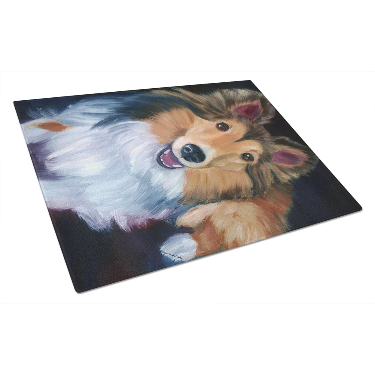 Picture of Carolines Treasures 7394LCB Sheltie Stand Off Glass Cutting Board - Large
