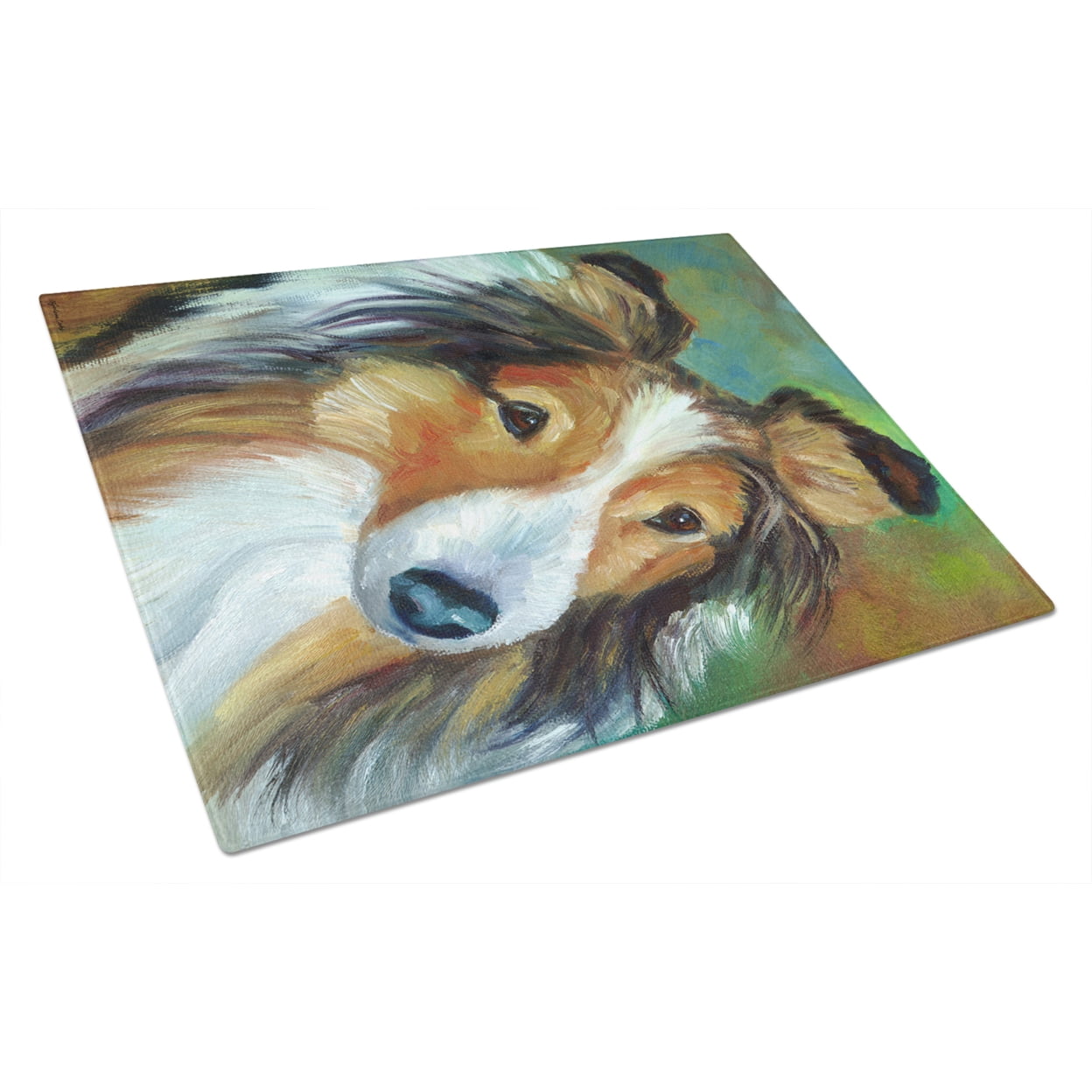 Picture of Carolines Treasures 7396LCB Sheltie Curiosity Glass Cutting Board - Large