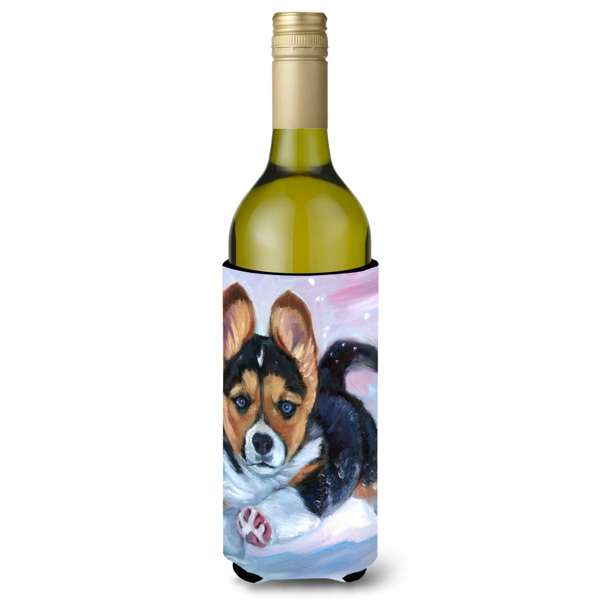 Picture of Carolines Treasures 7371LITERK Puppy Chase Corgi Wine Bottle Beverage Insulator Hugger