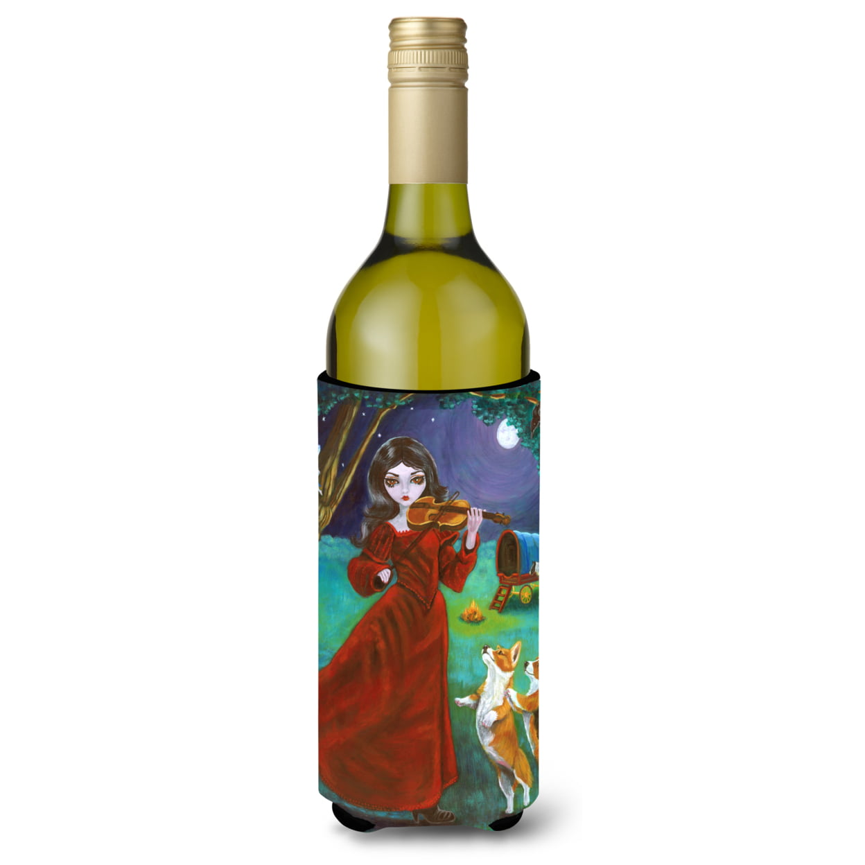 Picture of Carolines Treasures 7376LITERK Fairy Moon Dance with Corgi Wine Bottle Beverage Insulator Hugger