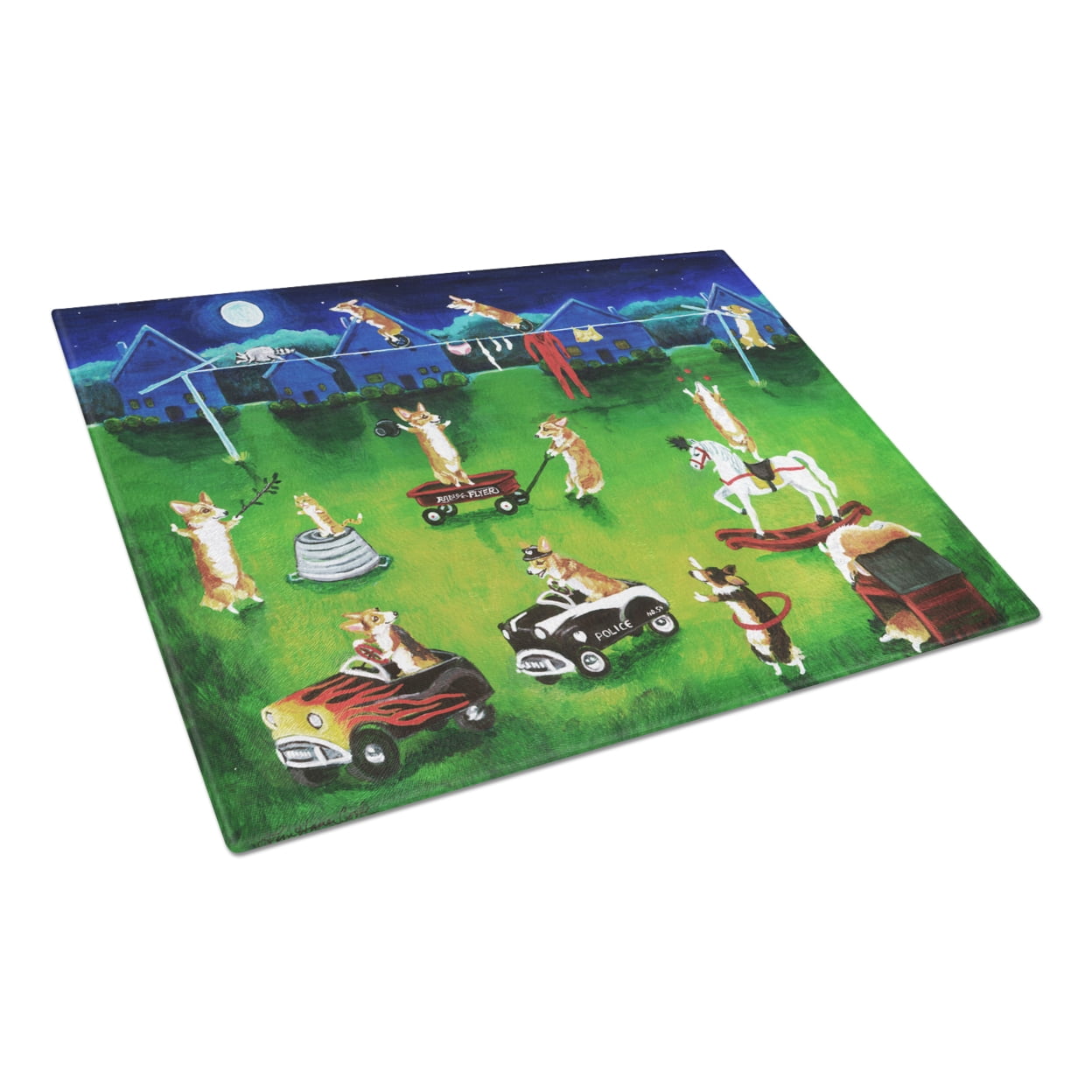 Picture of Carolines Treasures 7403LCB Corgi Backyard Circus Glass Cutting Board - Large