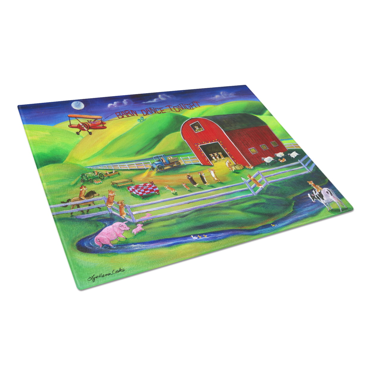 Picture of Carolines Treasures 7404LCB Corgi Barn Dance Glass Cutting Board - Large