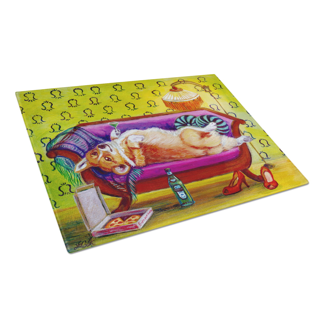 Picture of Carolines Treasures 7406LCB Corgi Home Alone Glass Cutting Board - Large