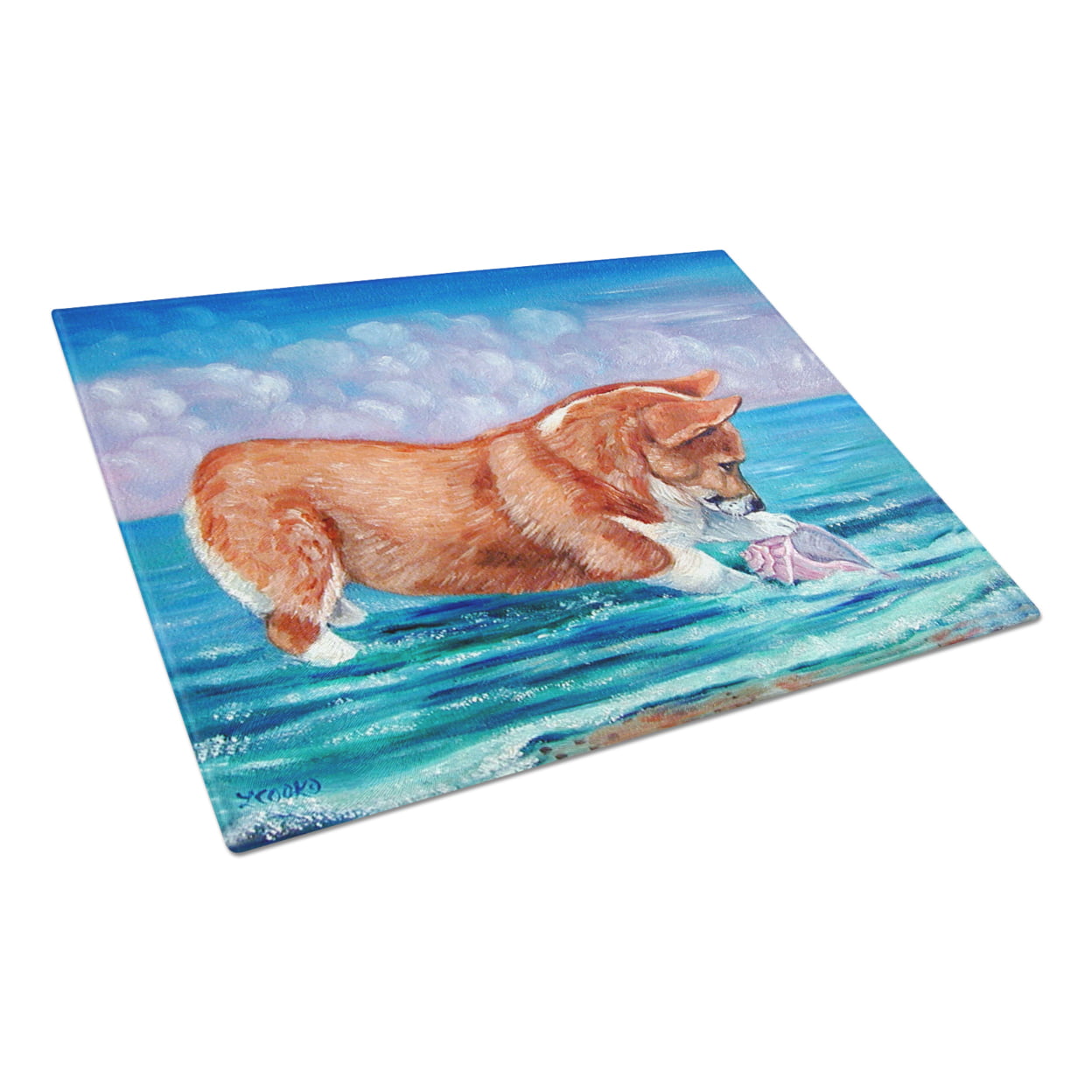 Picture of Carolines Treasures 7407LCB Corgi Sea Shell Find Glass Cutting Board - Large
