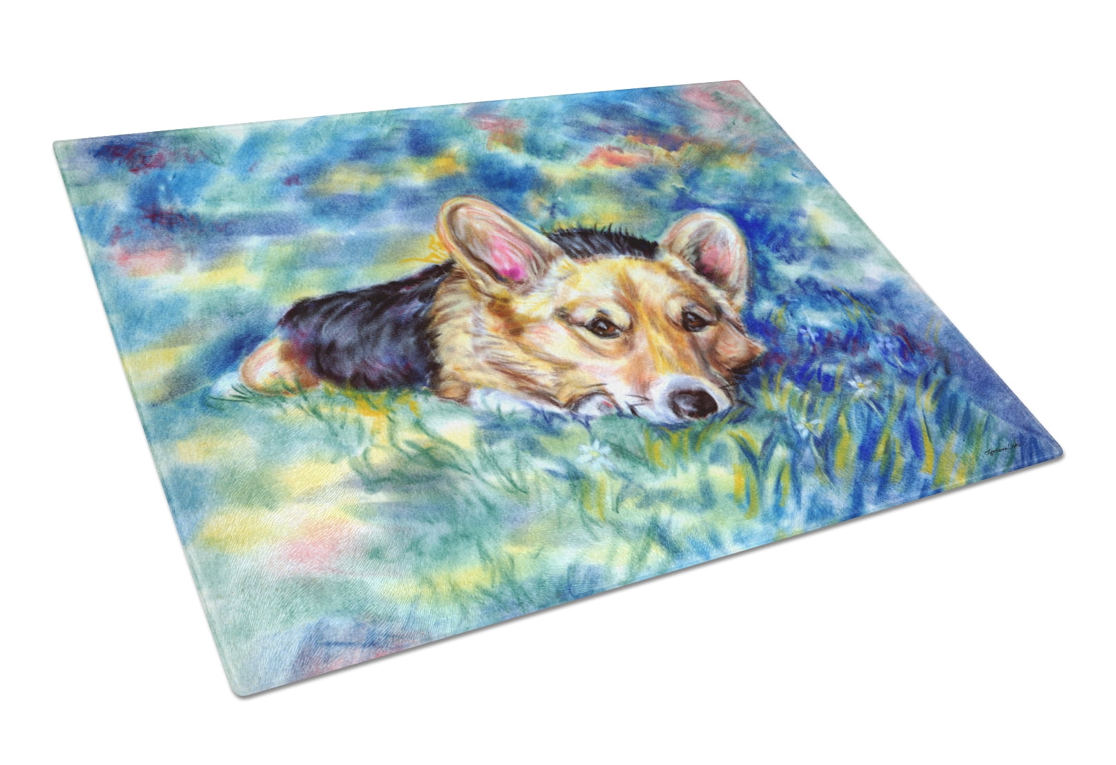 Picture of Carolines Treasures 7409LCB Corgi Tuckered Out Glass Cutting Board - Large
