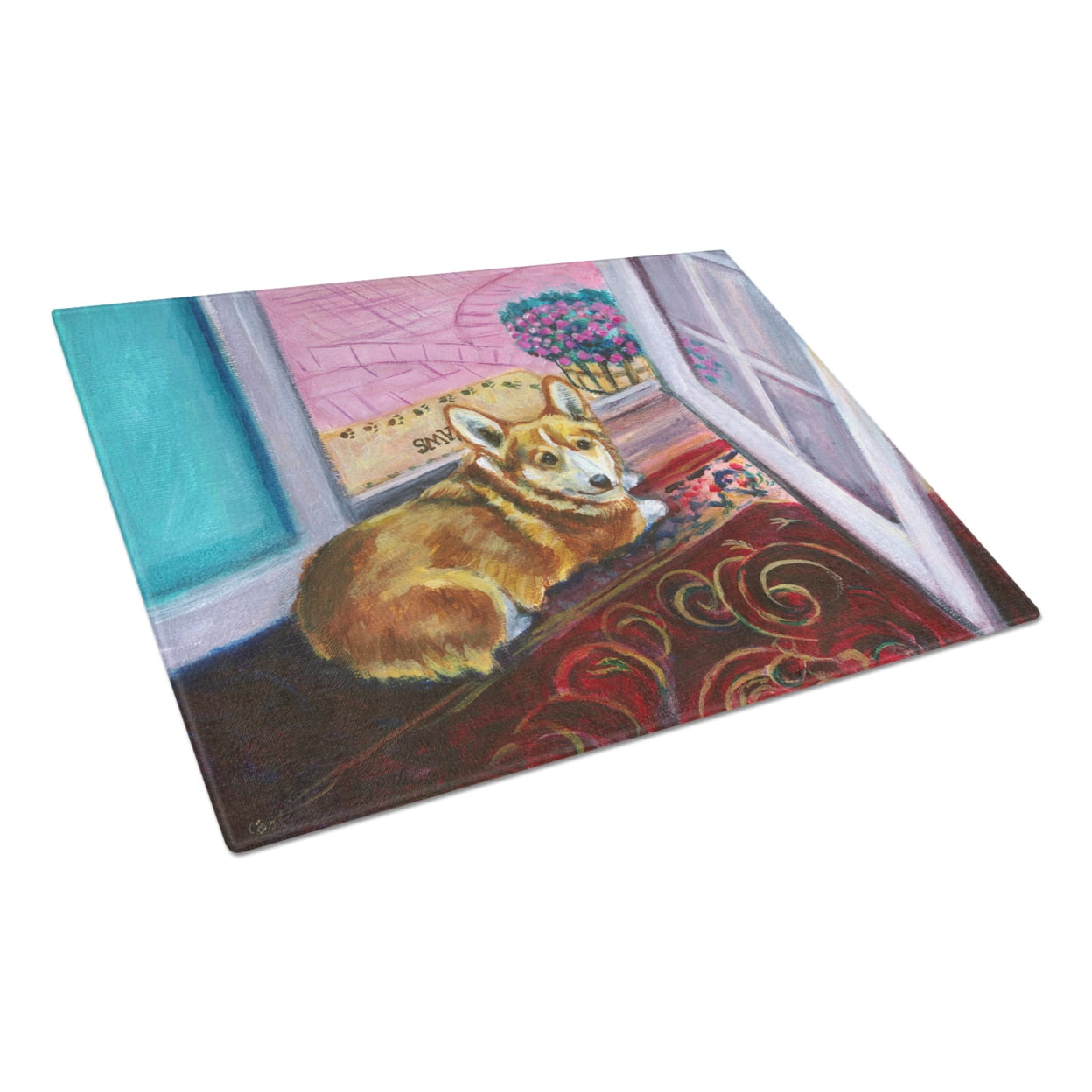 Picture of Carolines Treasures 7410LCB Corgi Watching From the Door Glass Cutting Board - Large