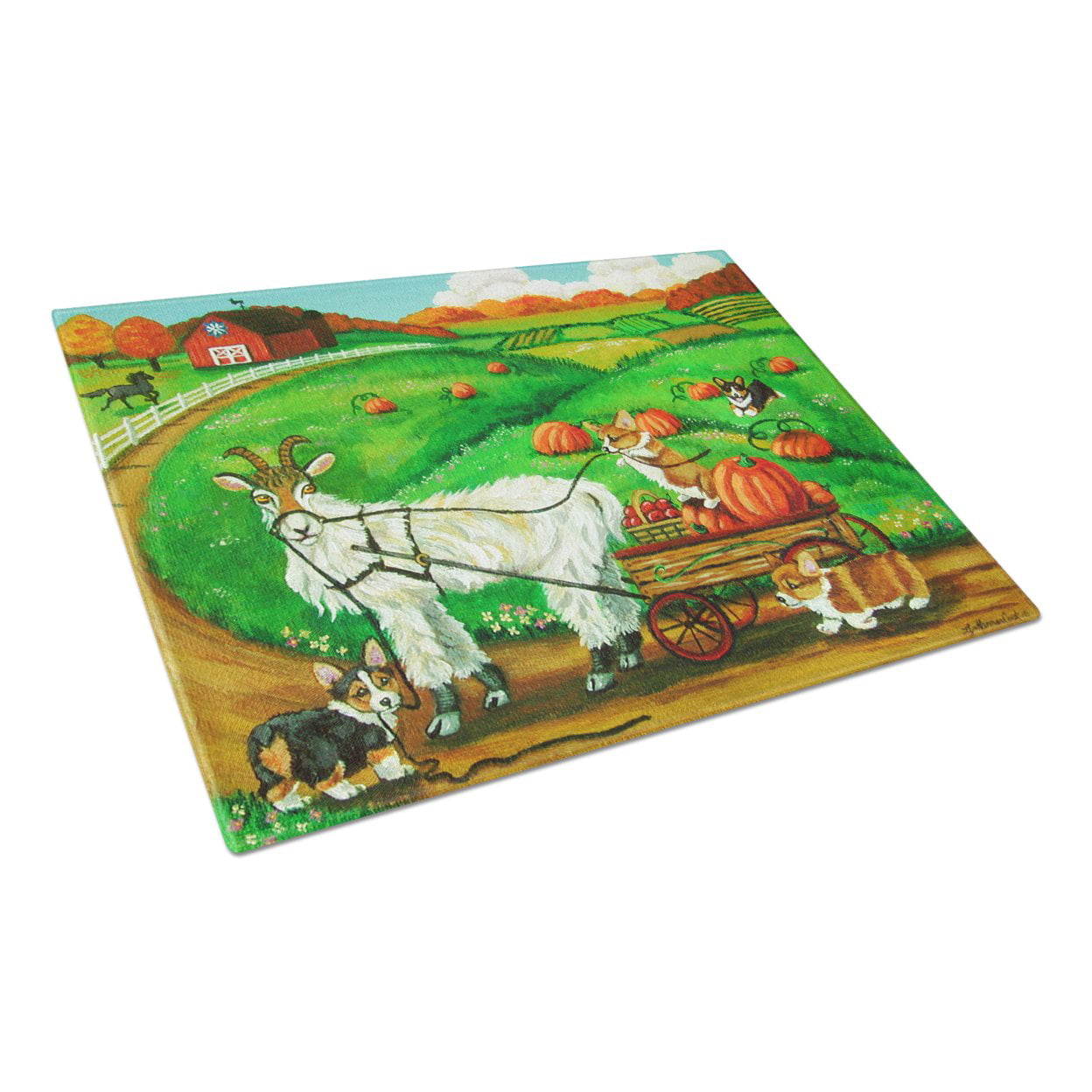 Picture of Carolines Treasures 7414LCB Corgi Pumpkin Ride With Goat Glass Cutting Board - Large